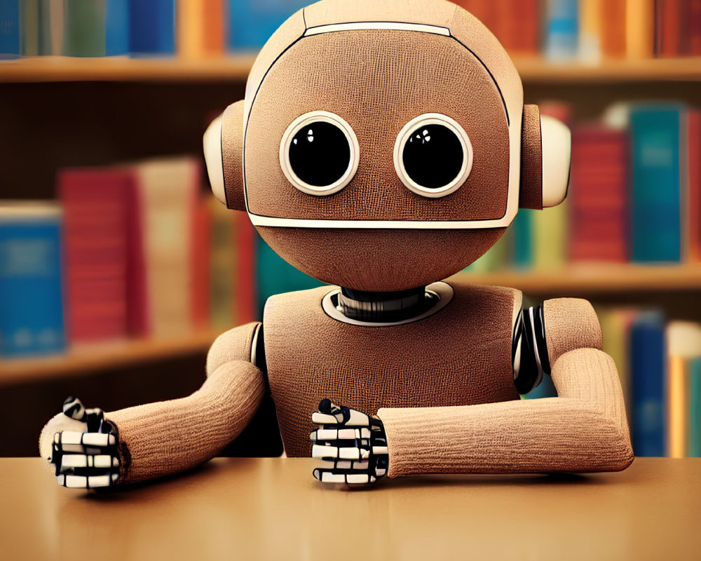Cloth-Textured Robot with Expressive Eyes and Headphones at Wooden Table