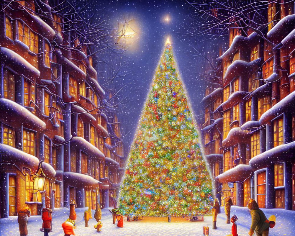 Snowy Christmas tree scene with festive decorations and people in winter attire.