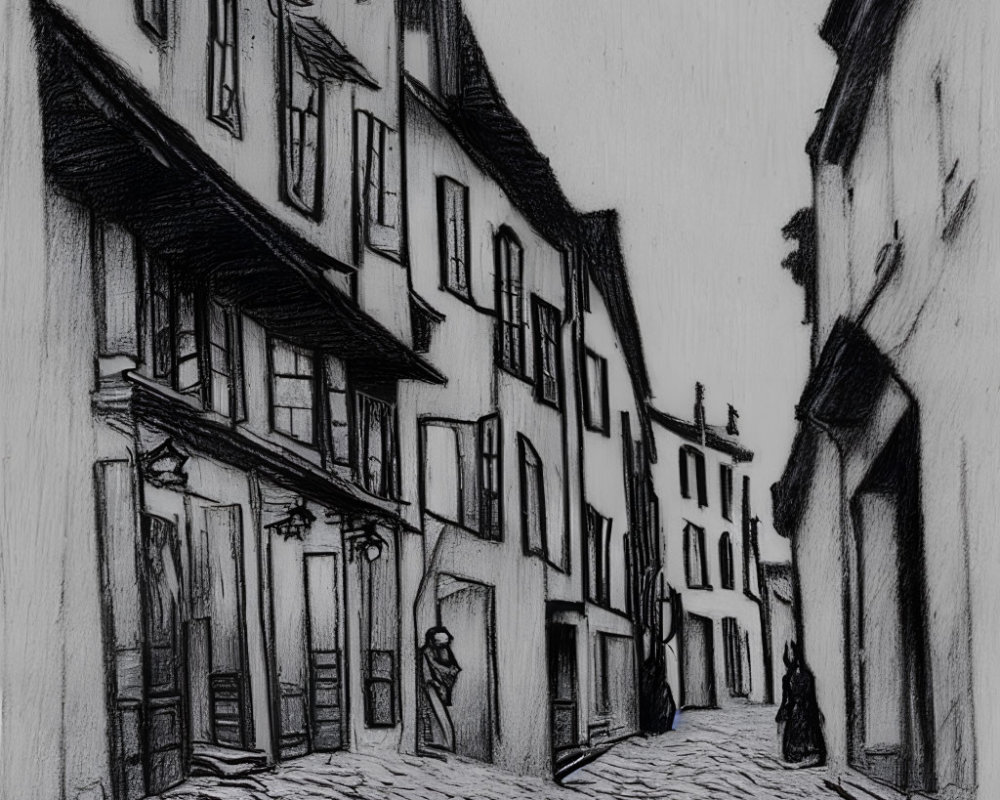 Monochrome sketch of narrow cobblestone street with European buildings