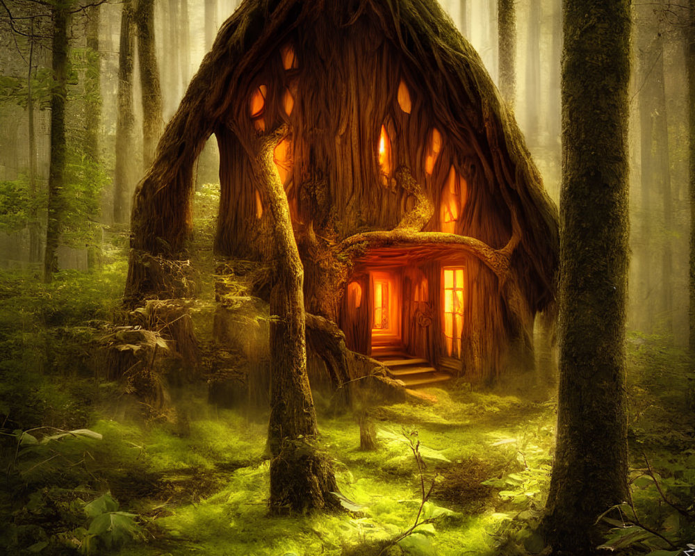 Enchanting Glowing Treehouse in Misty Forest