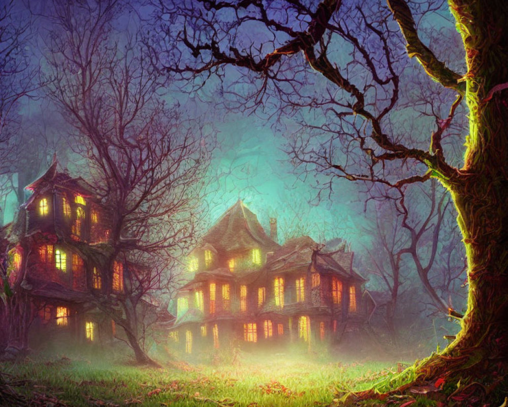 Enchanted twilight forest scene with illuminated house