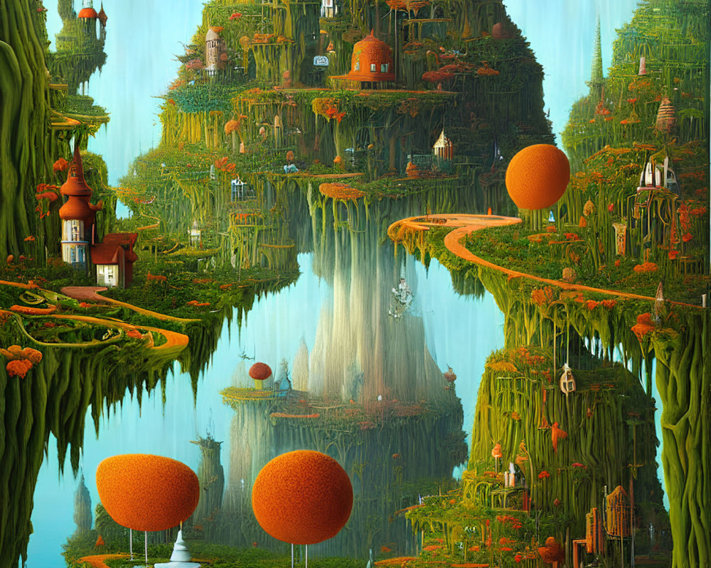Vertical Fantasy Landscape with Tree-like Structures and Waterfalls