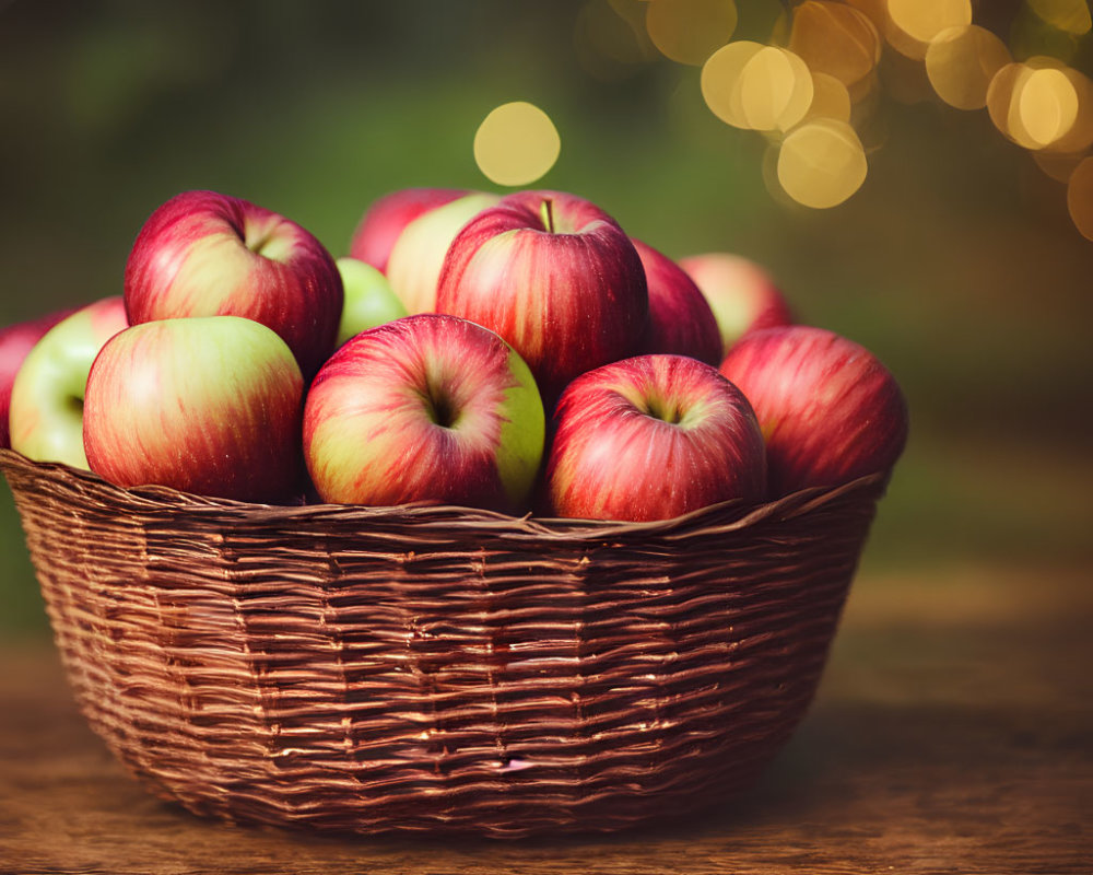 Basket of Red and Green Apples on Blurred Background with Warm Bokeh Lights