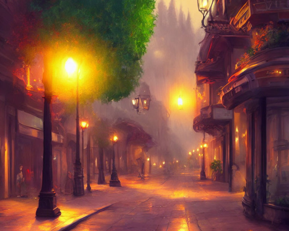 Vintage cobblestone street with glowing lamps at dusk