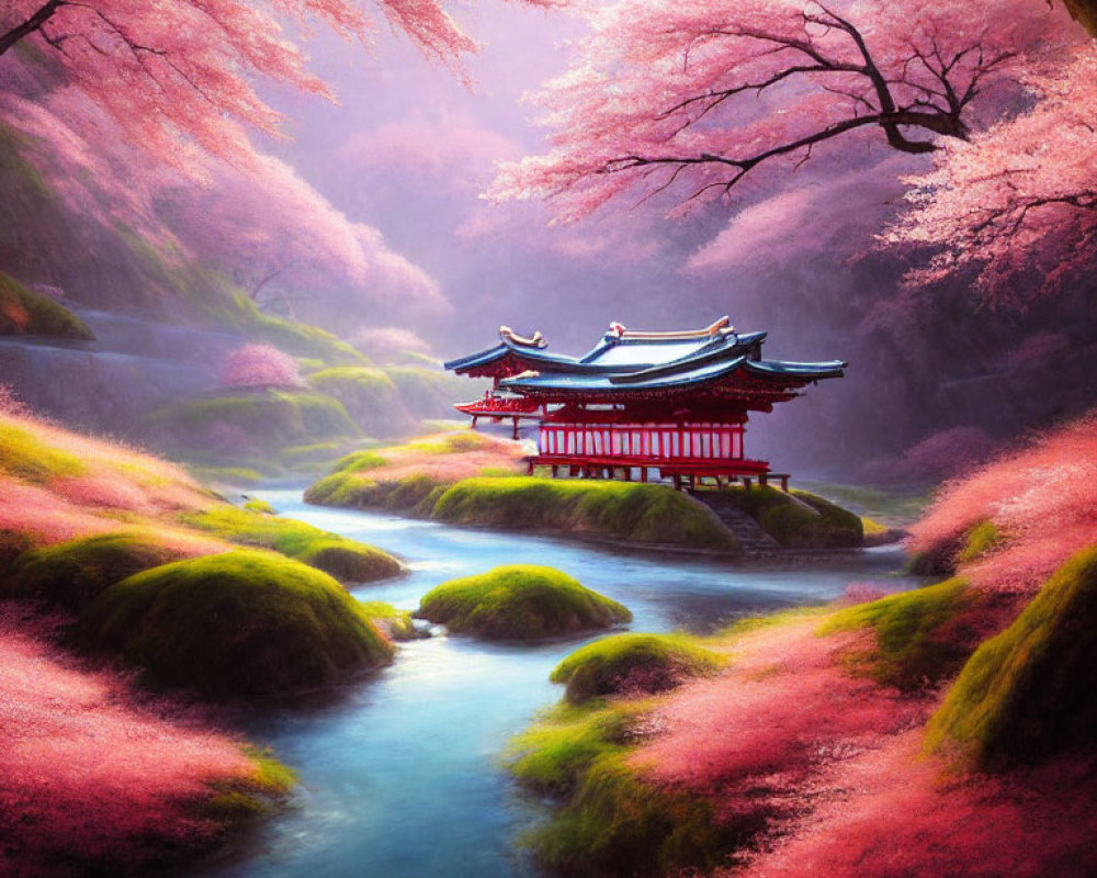 Traditional red bridge surrounded by cherry blossoms and mossy hills in warm light
