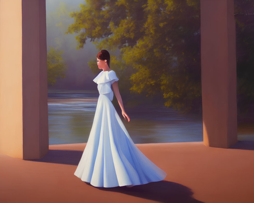 Woman in White Dress Contemplating River by Classical Pillars