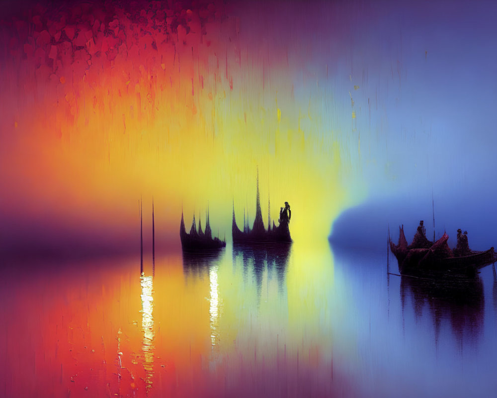Colorful Silhouette of Boats with Passengers on Calm Water