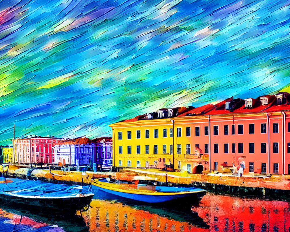Colorful waterfront digital painting with vibrant buildings and boats under textured sky