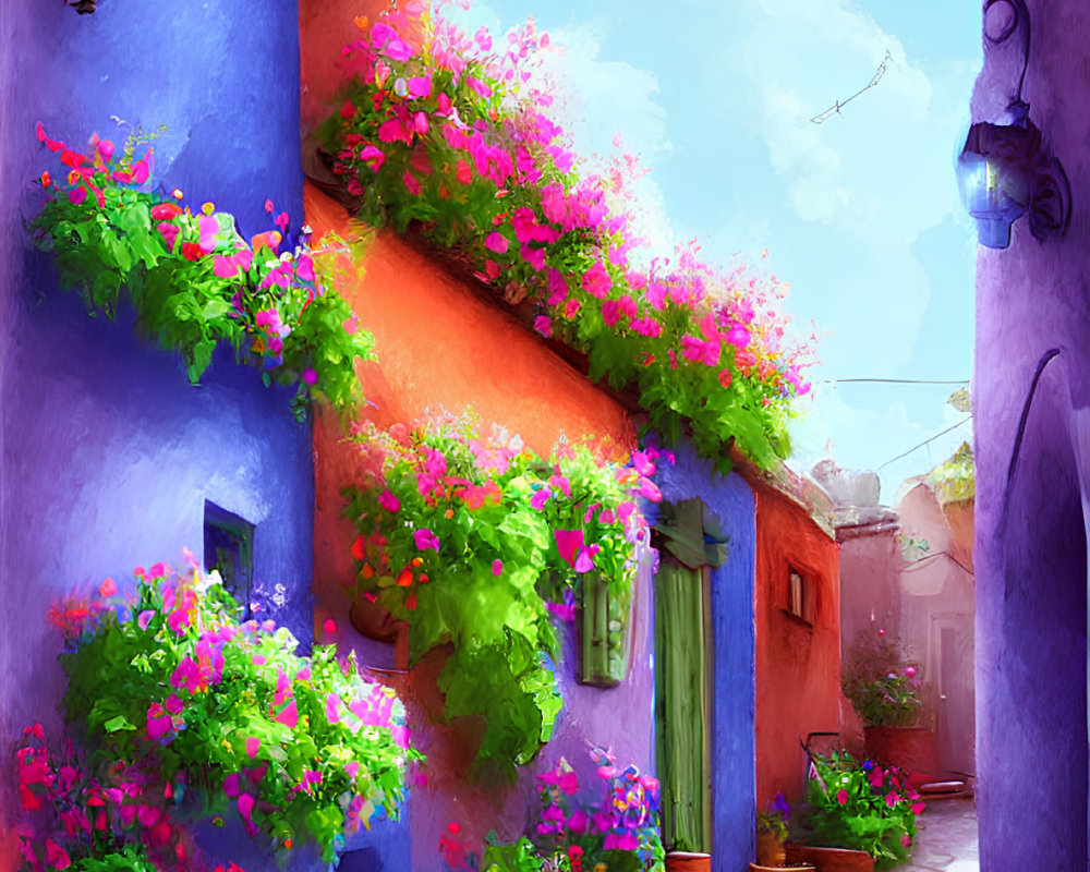 Colorful alleyway with blue and orange walls, pink flowers, lanterns, under clear sky
