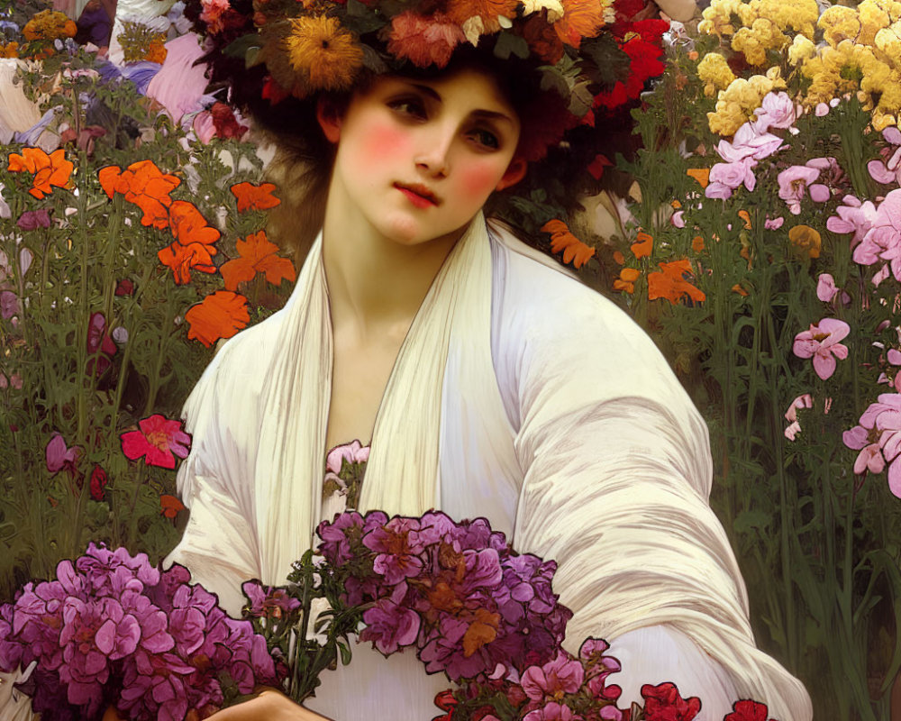 Woman in Floral Hat Surrounded by Colorful Flowers Holding Purple Blossoms