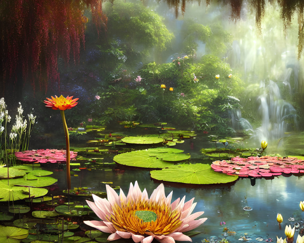Tranquil pond with lily pads, lotus flowers, lush greenery, and misty