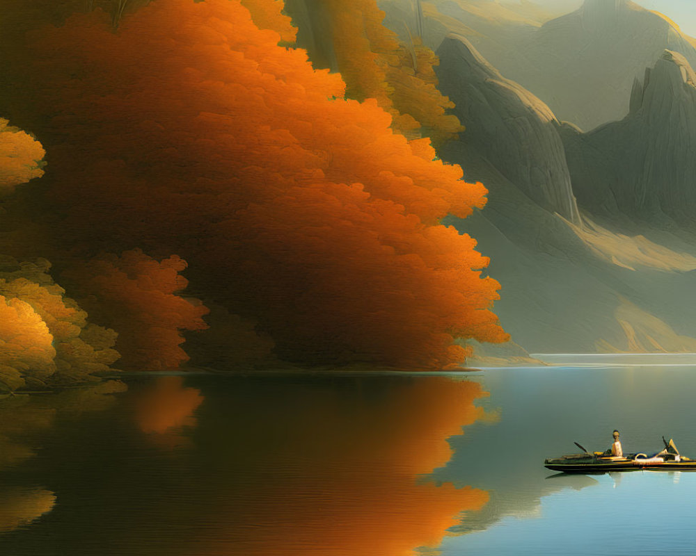 Autumn trees reflected in serene lake with canoe and cliffs in golden light