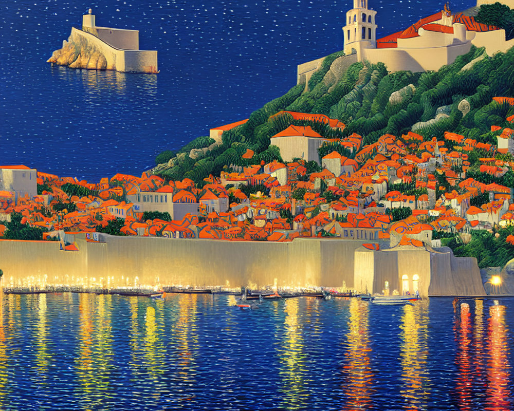 Starry night sky over coastal town with terracotta rooftops