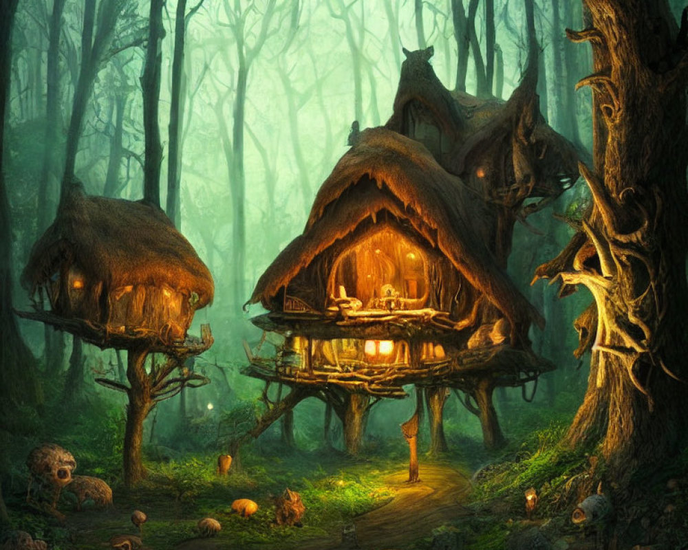 Magical forest with treehouses, glowing lights, and mysterious skulls in green foliage