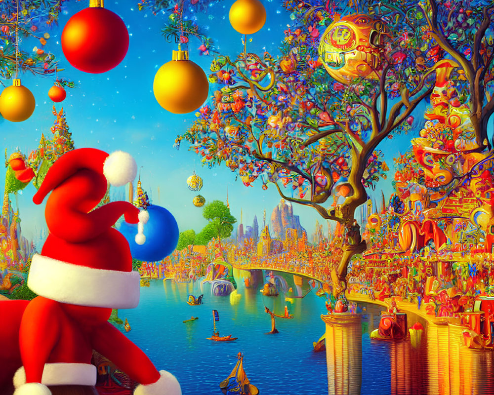 Colorful Santa Figure in Fantasy Landscape with Trees and River