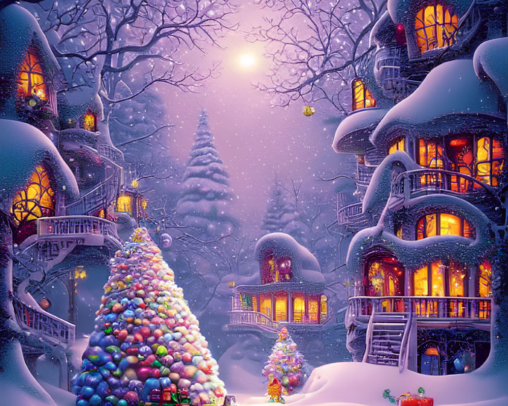 Winter Night Illustration: Cozy Houses, Christmas Tree, Snowfall