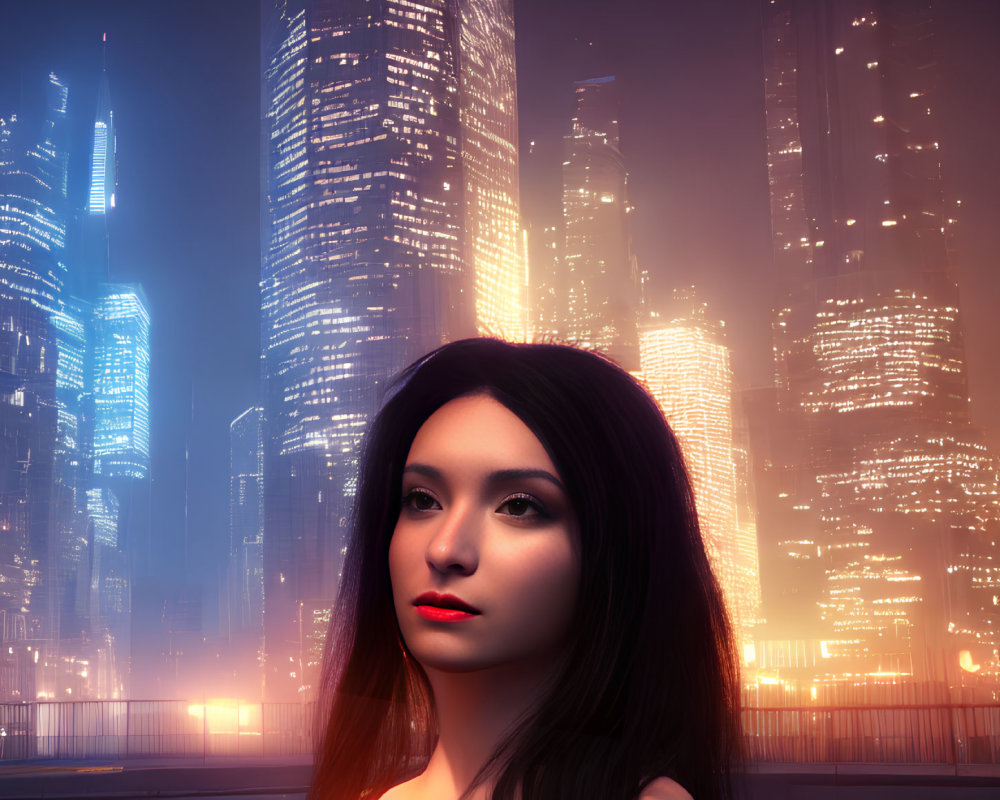 Digital portrait of woman with dark hair in futuristic cityscape at night