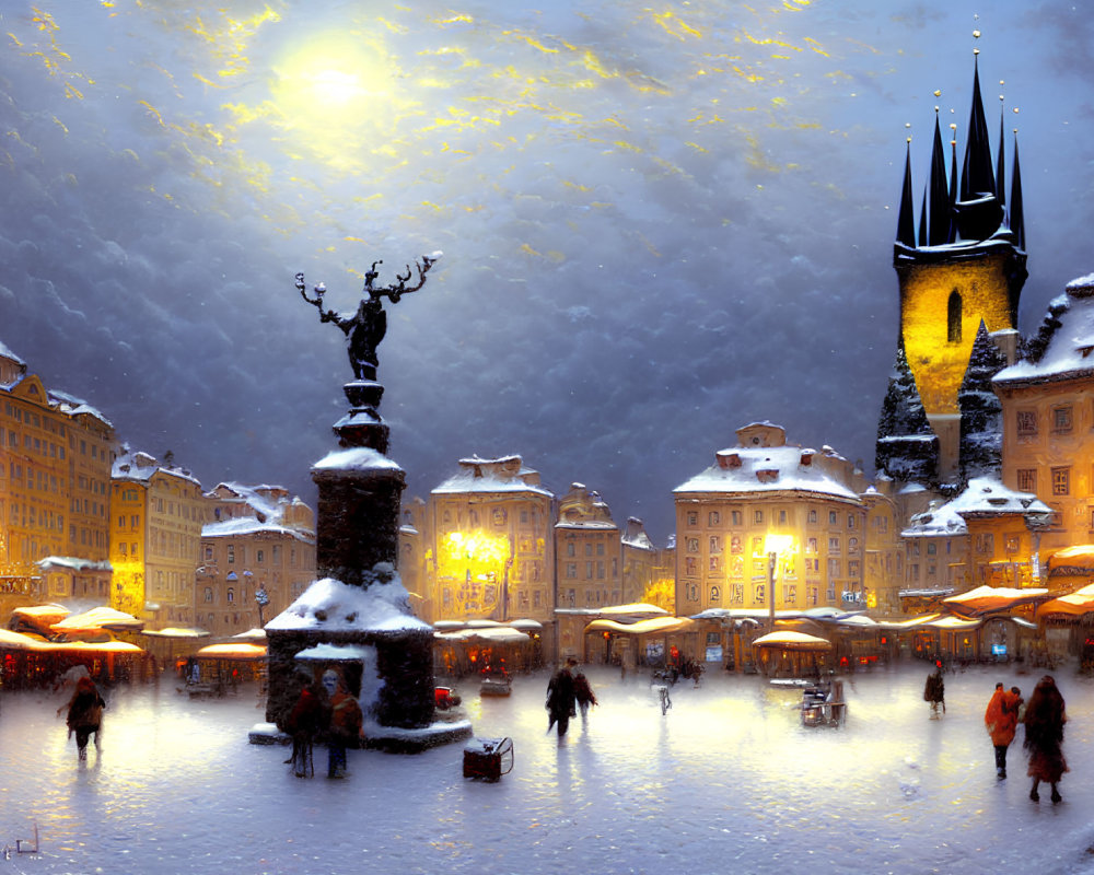 Snowy night scene of old town square with statue and historical buildings