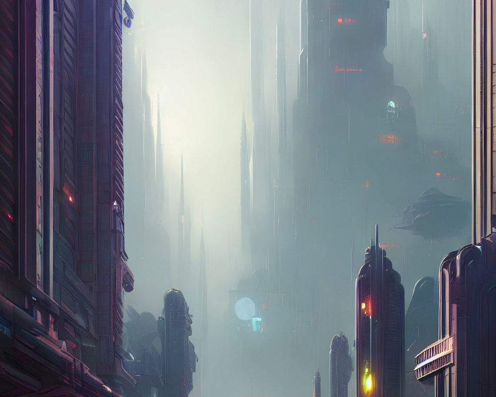 Futuristic cityscape: towering skyscrapers, neon signs, soft sunlight.