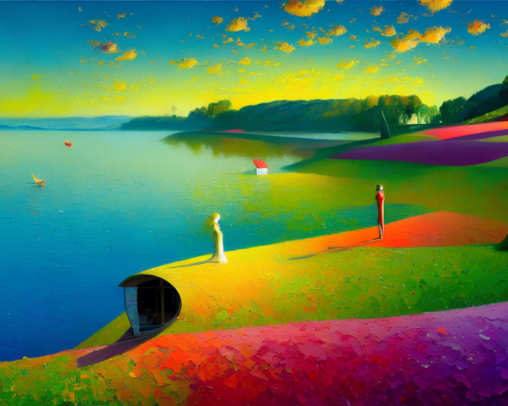 Colorful landscape painting: hills, lake, sky, figures, boats