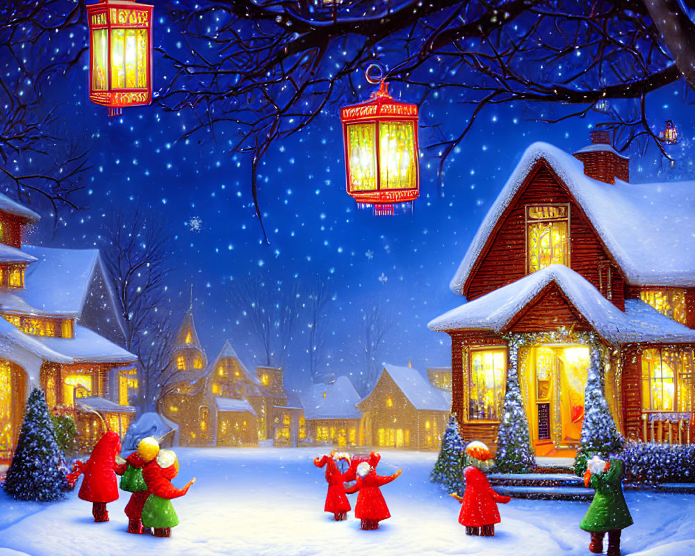 Children playing in snow near glowing houses and lanterns in winter scene.