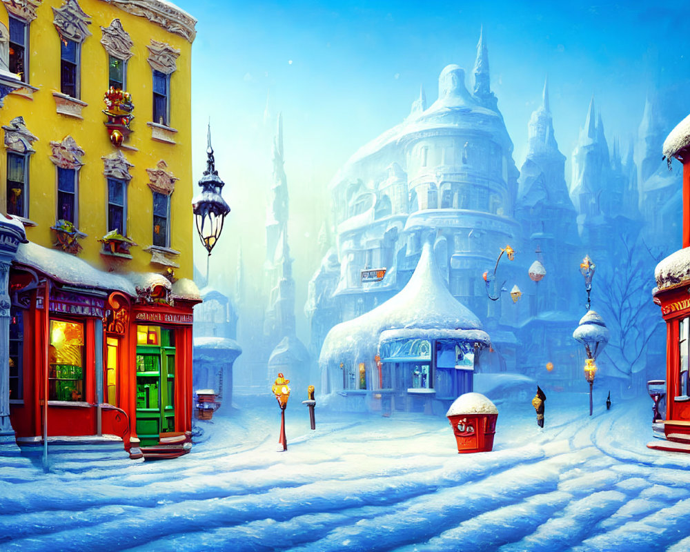 Snowy cobblestone street with colorful buildings and street lamps in a quiet winter setting
