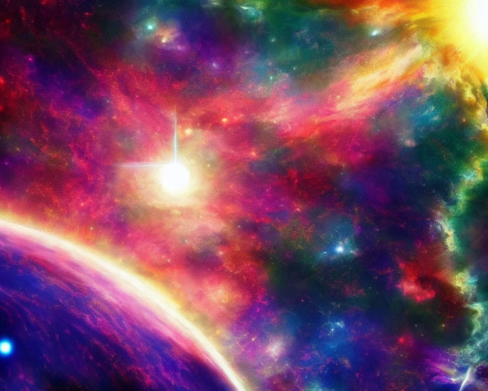 Colorful cosmic scene with planet, starburst, and nebula
