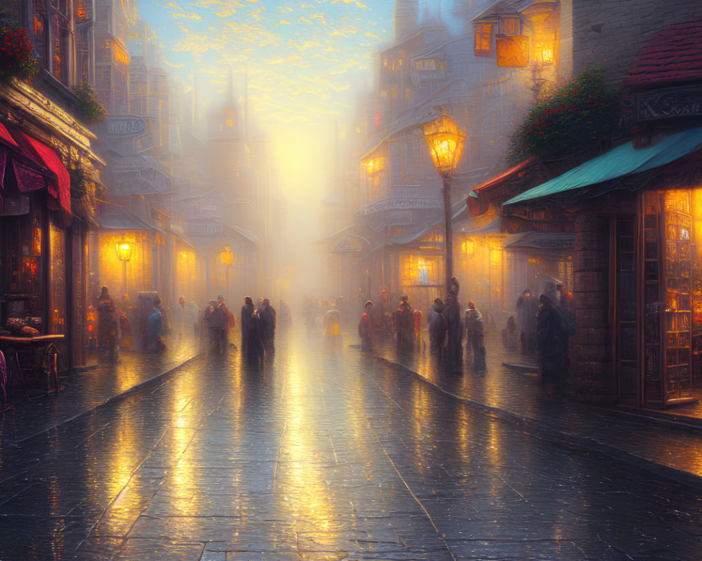 Misty street scene with vintage lamps and bustling silhouettes