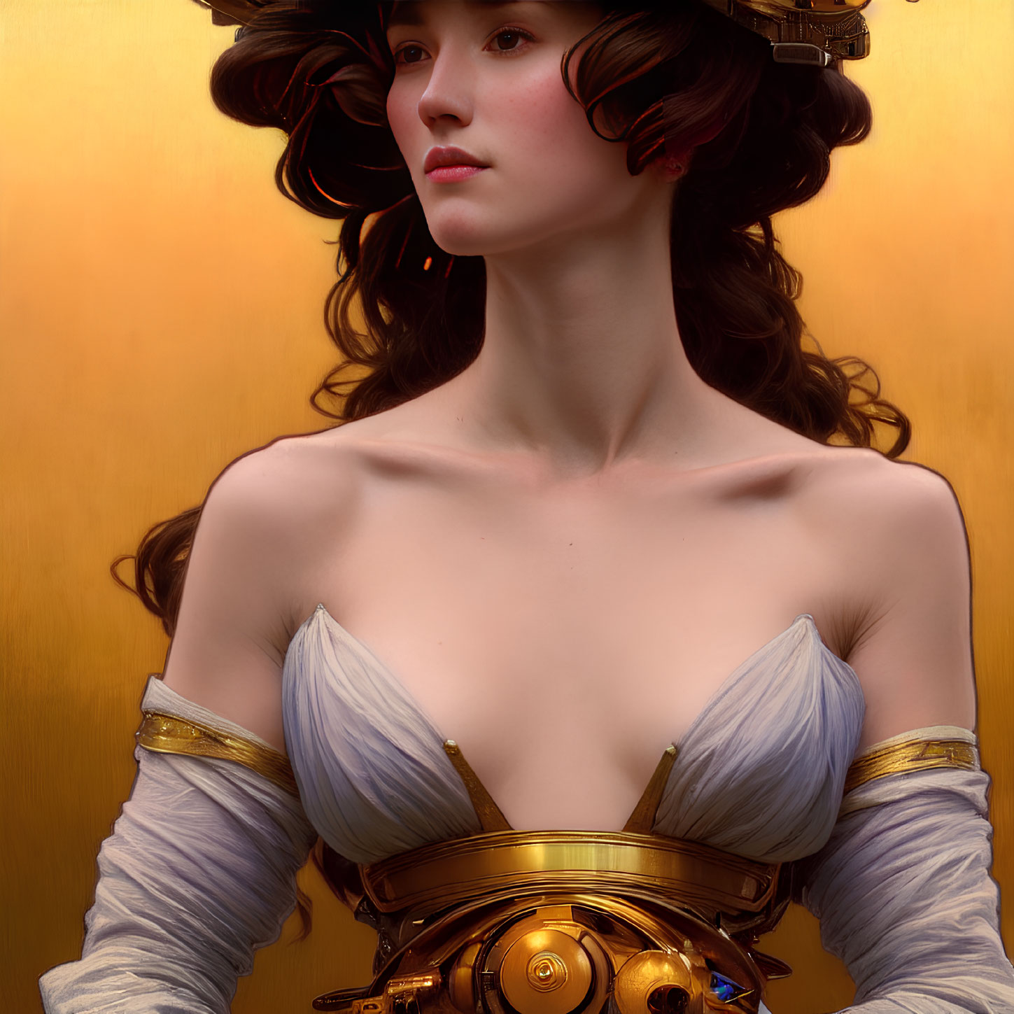 Digital artwork: Victorian-era woman in steampunk attire on golden background