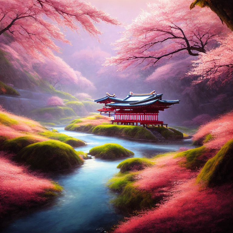 Traditional red bridge surrounded by cherry blossoms and mossy hills in warm light