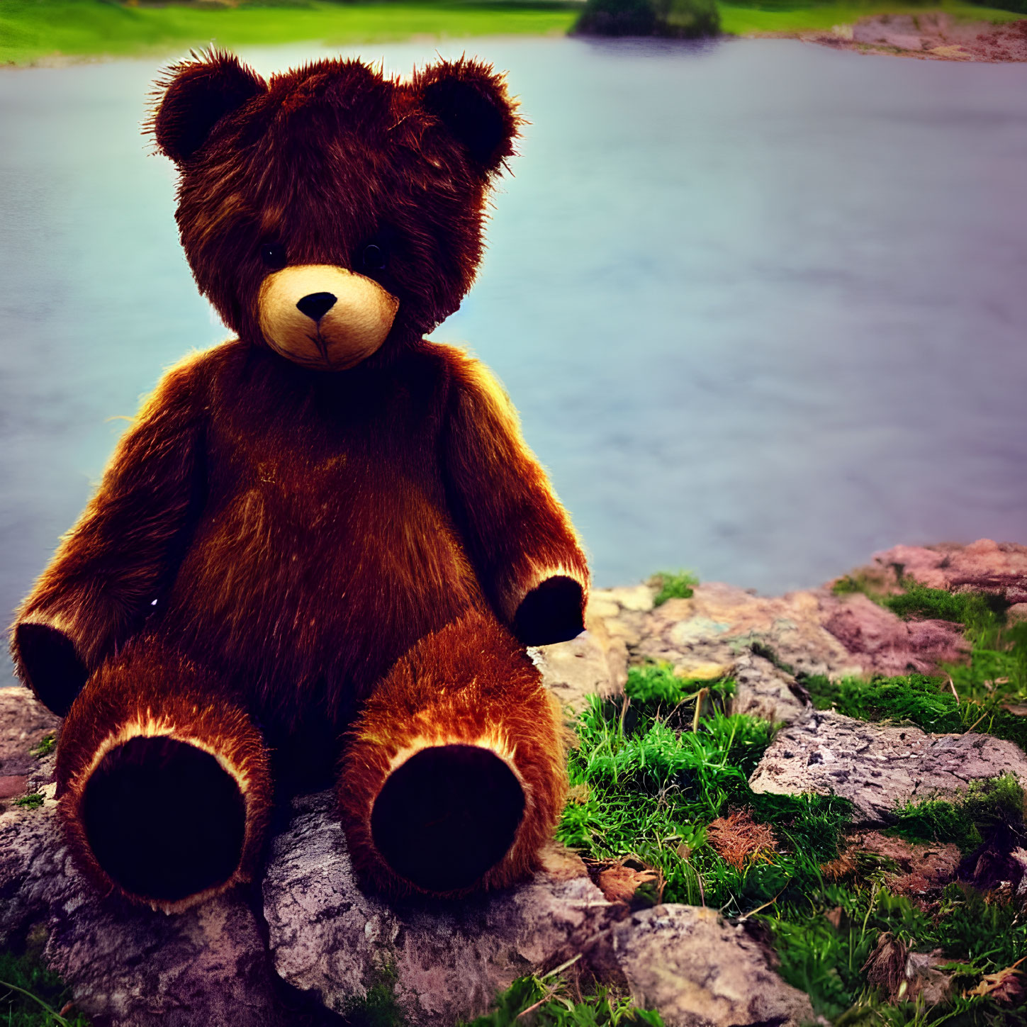 Plush teddy bear on rock by serene lake & lush greenery