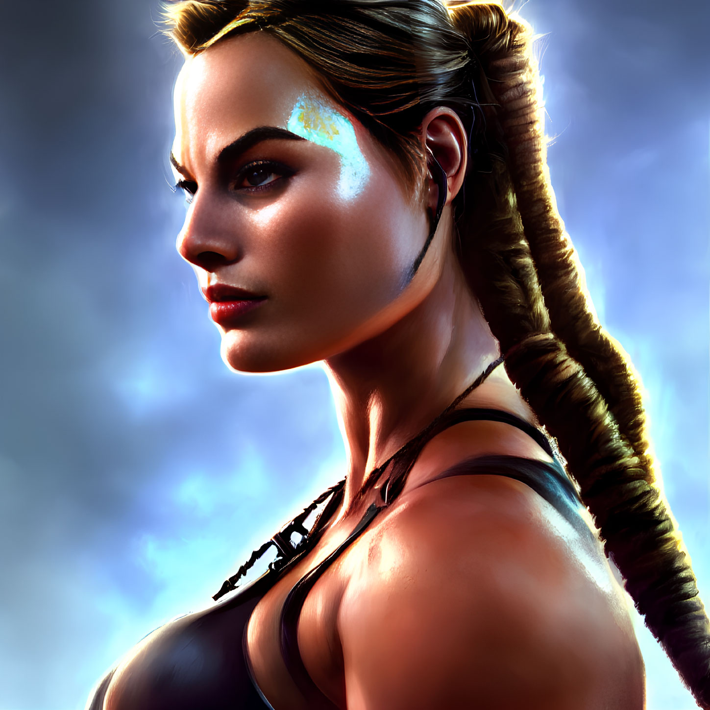 Portrait of woman with braid and war paint, against blue background