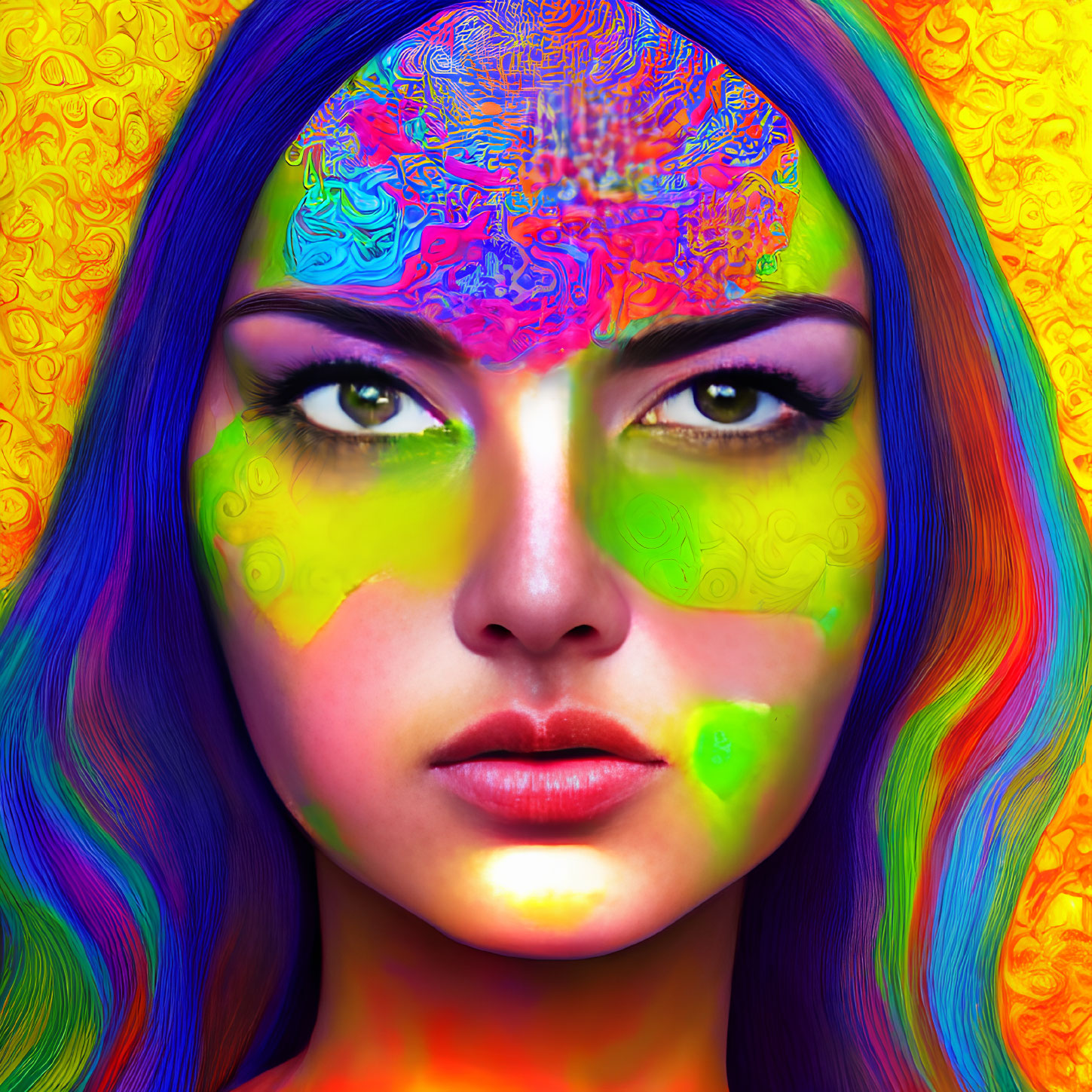 Colorful woman with face paint and rainbow hair on yellow backdrop