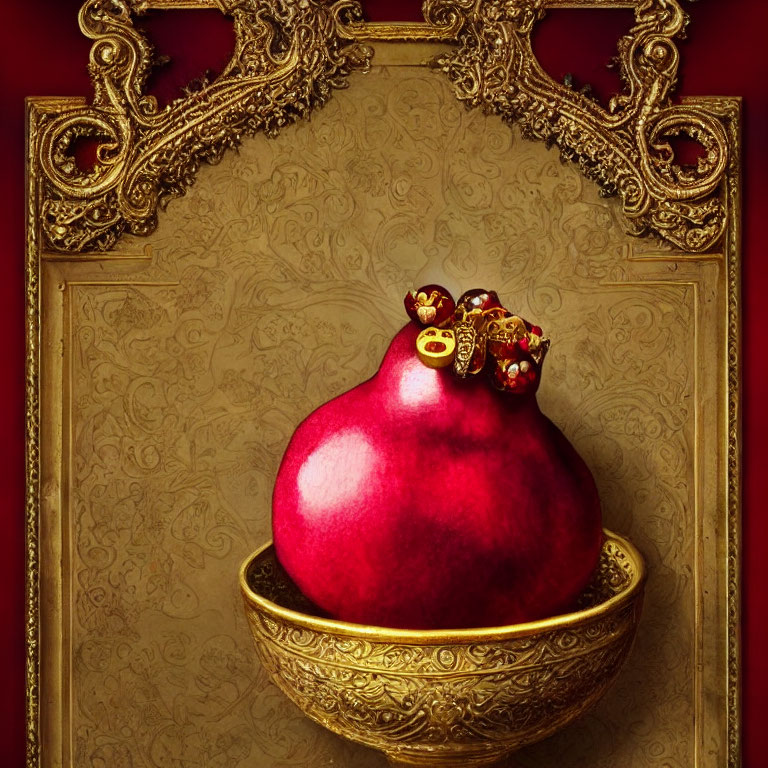 Vivid red pomegranate on golden bowl with ornate frame