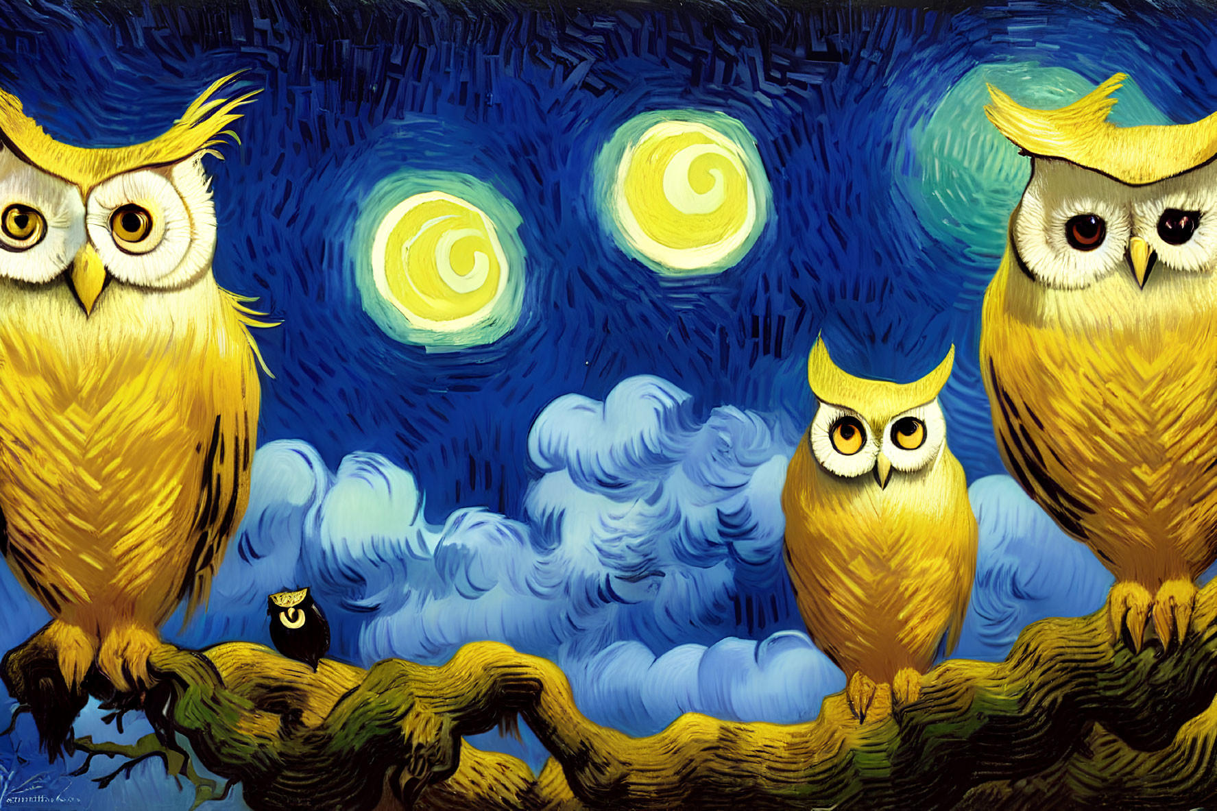 Three expressive-eyed cartoon owls on branch under starry night sky