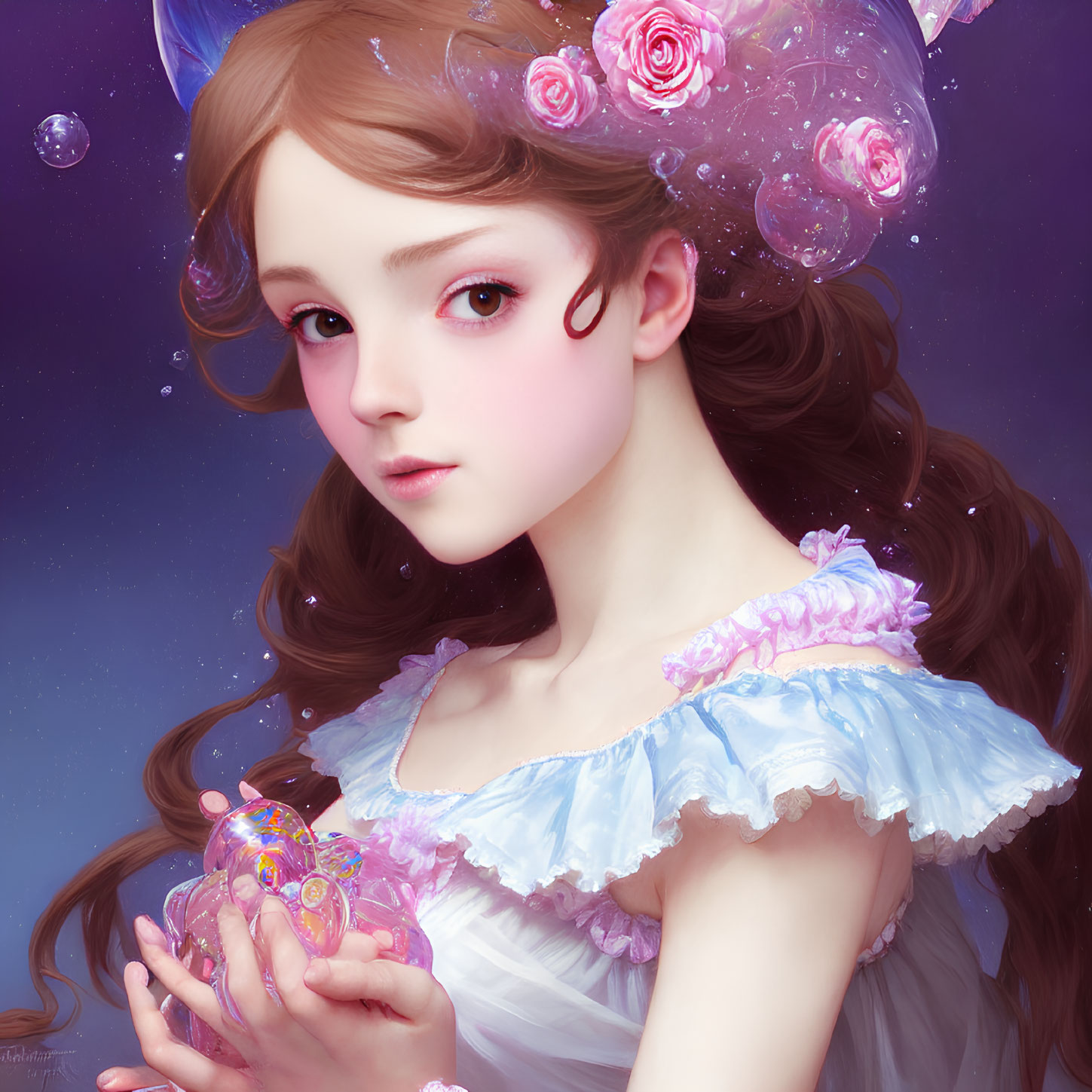 Illustration: Young Woman with Roses, Ethereal Bubbles, Glowing Heart, Purple Background
