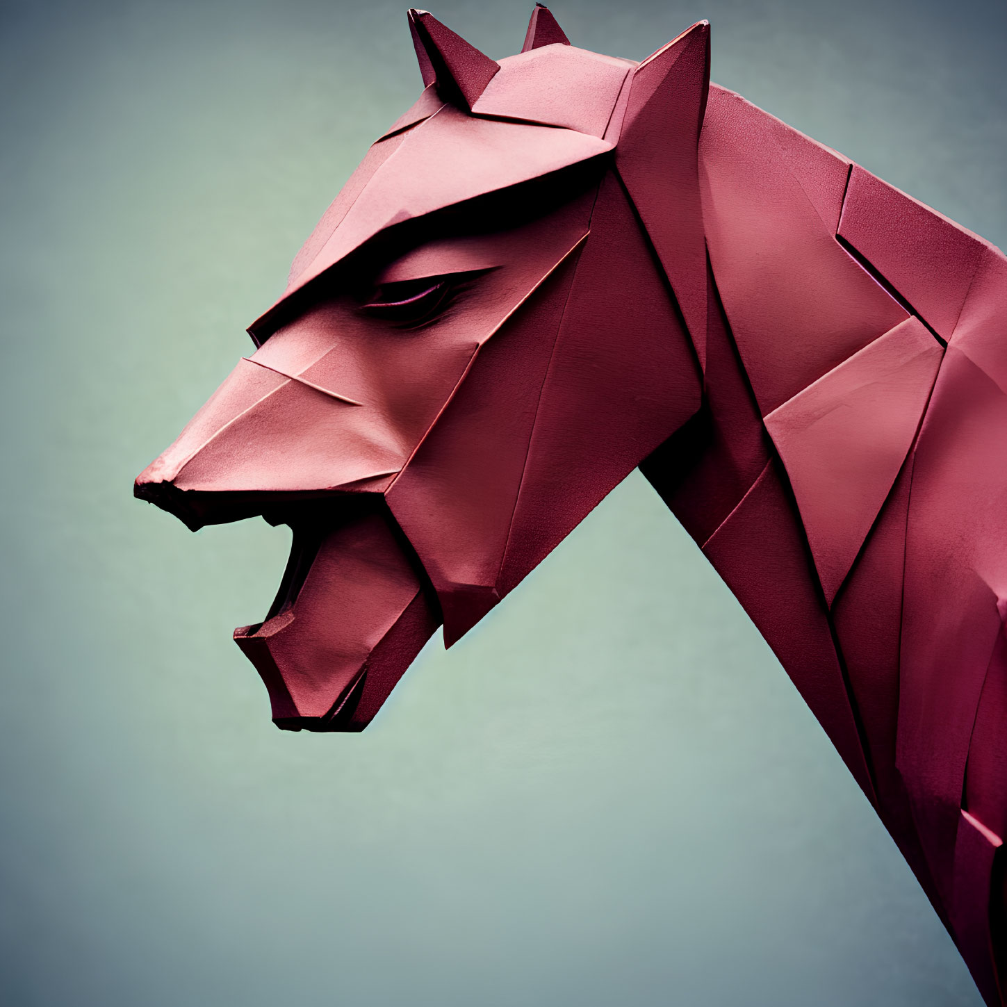 Red Wolf Head Sculpture with Geometric Origami Design on Blue Gradient Background