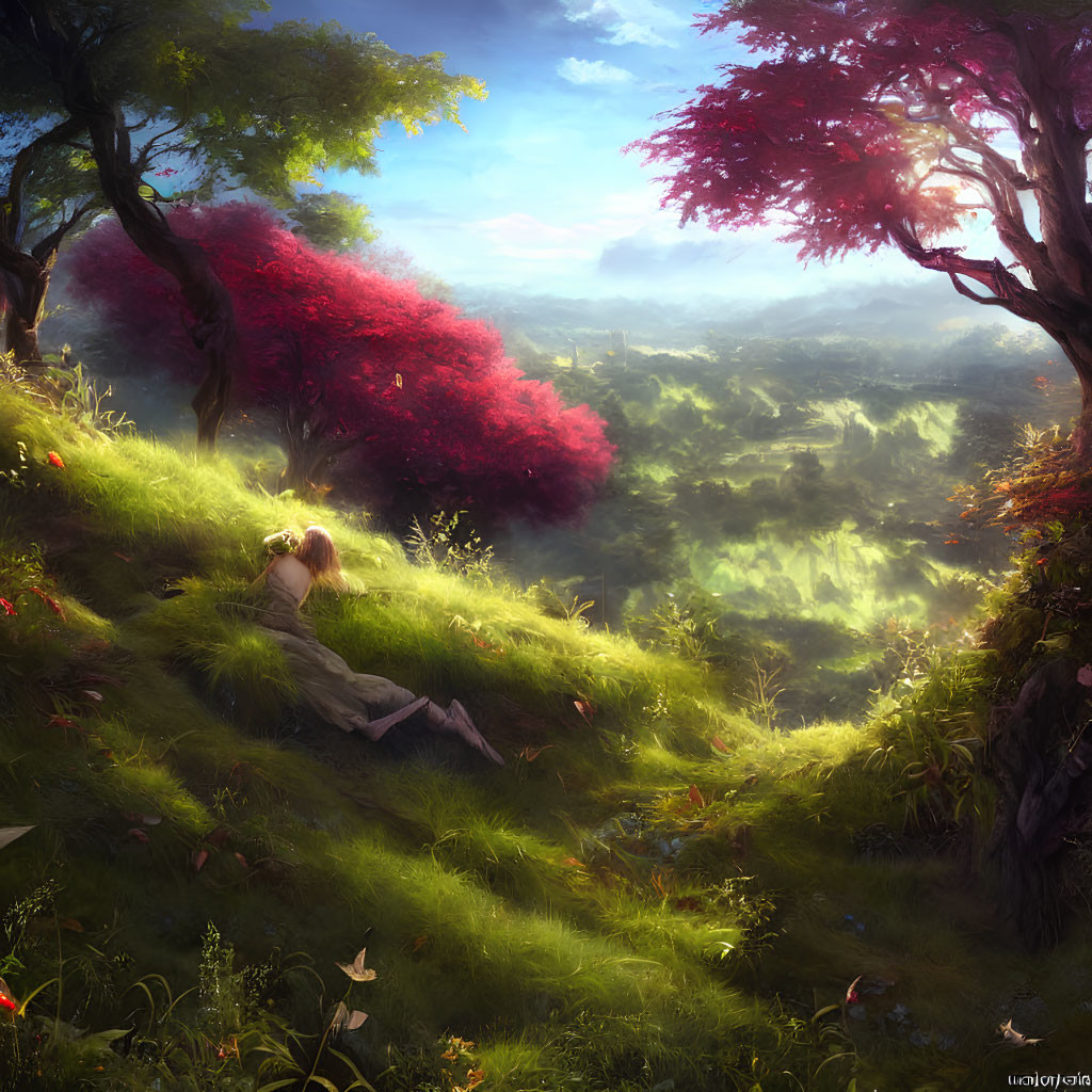 Serene fantasy landscape with woman in long dress and vibrant greenery