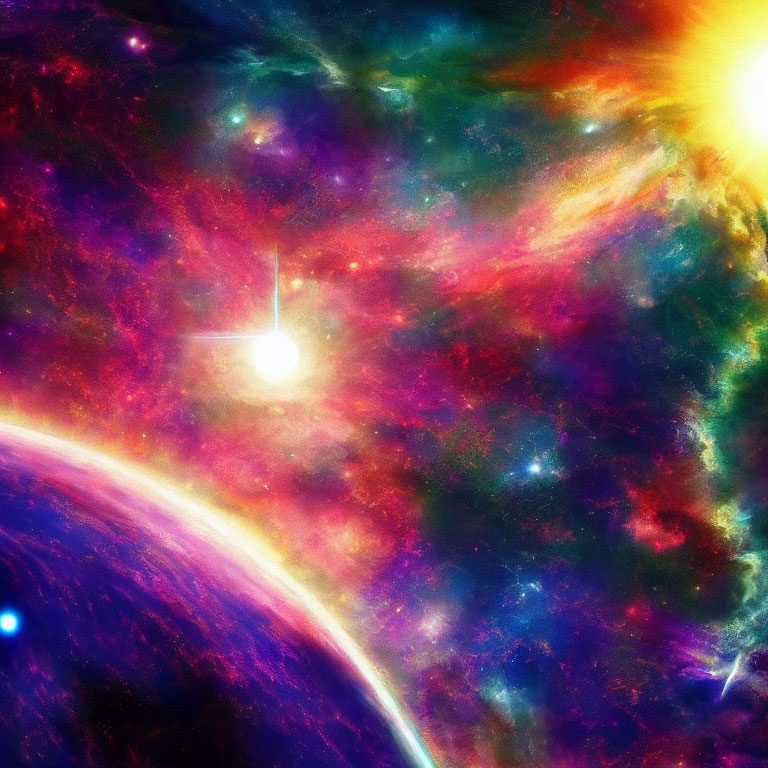 Colorful cosmic scene with planet, starburst, and nebula