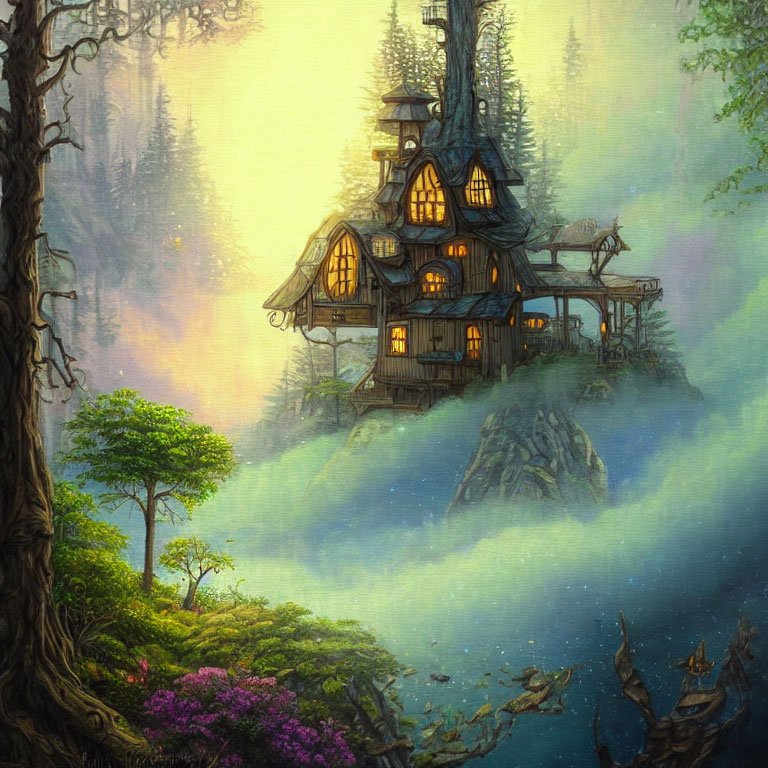 Glowing Treehouse in Misty Forest at Twilight