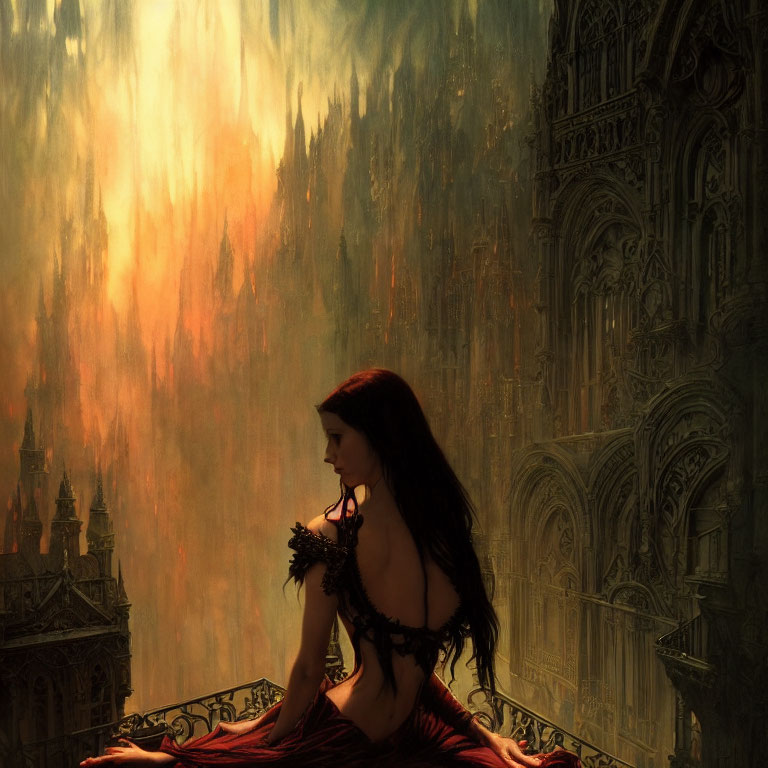 Red-haired woman in dark dress contemplates gothic cathedral and fiery sky