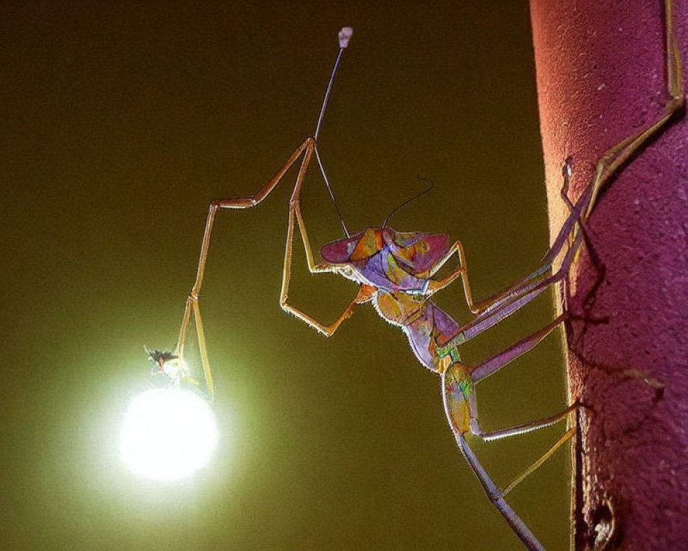 Praying Mantis on Textured Surface Near Glowing Light Bulb