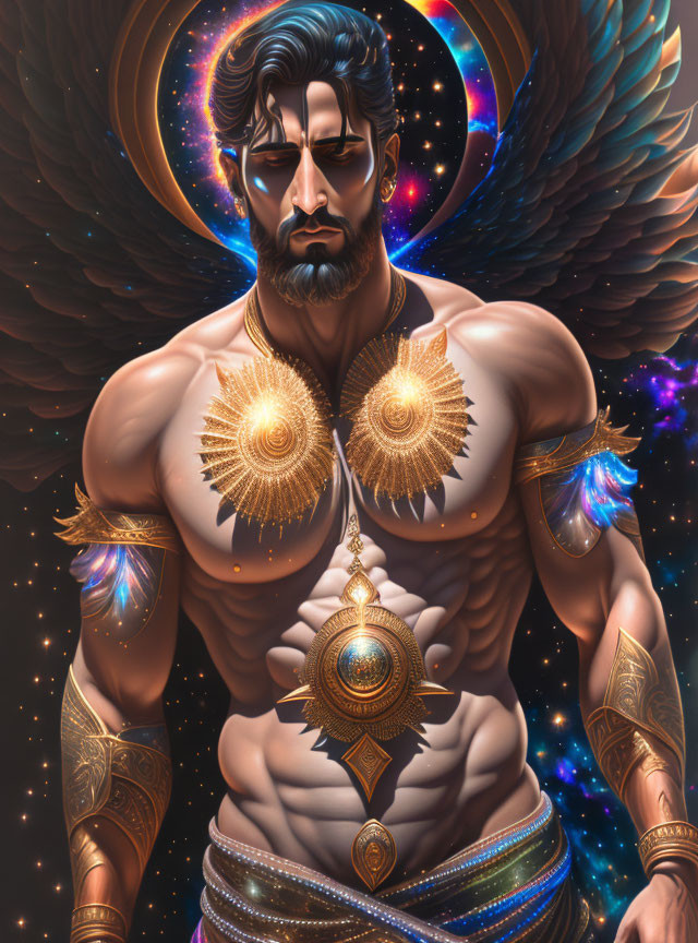 Muscular male figure in golden armor with cosmic background and ethereal wings