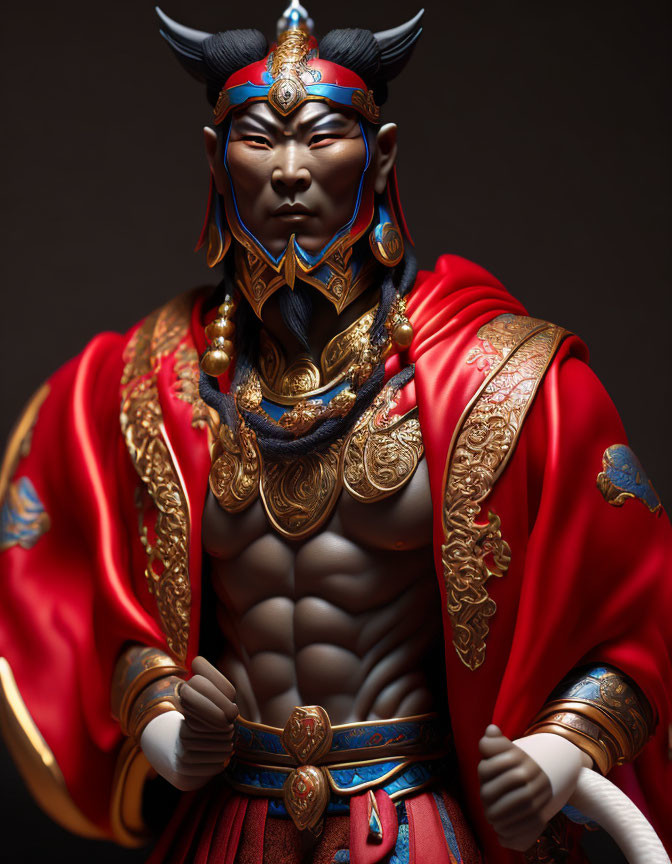 Detailed East Asian warrior figure in traditional armor with red cloak, golden ornaments, and blue-faced horned