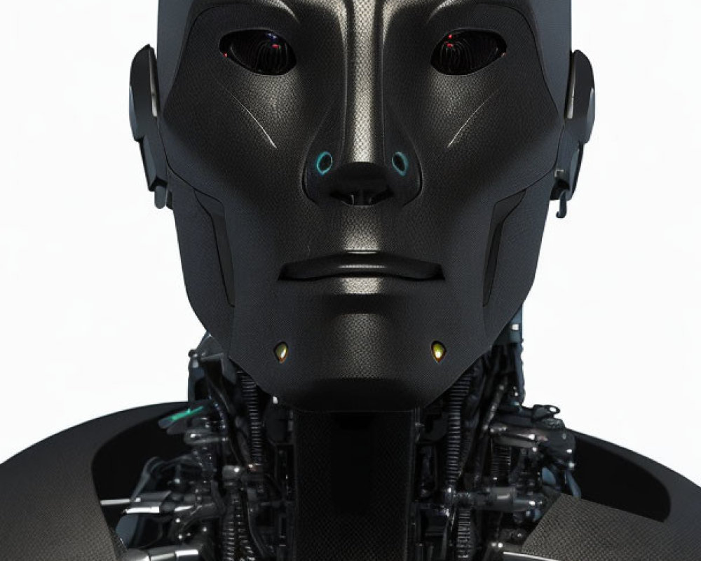 Humanoid Robot with Black Face and Red Eyes on Light Background