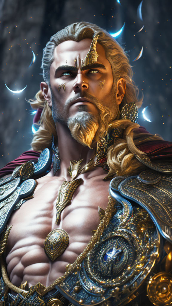 Blond-Haired Male Character in Golden Armor on Cosmic Background