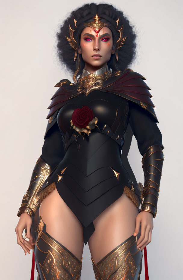 Fantasy digital artwork of female character in gold-accented armor