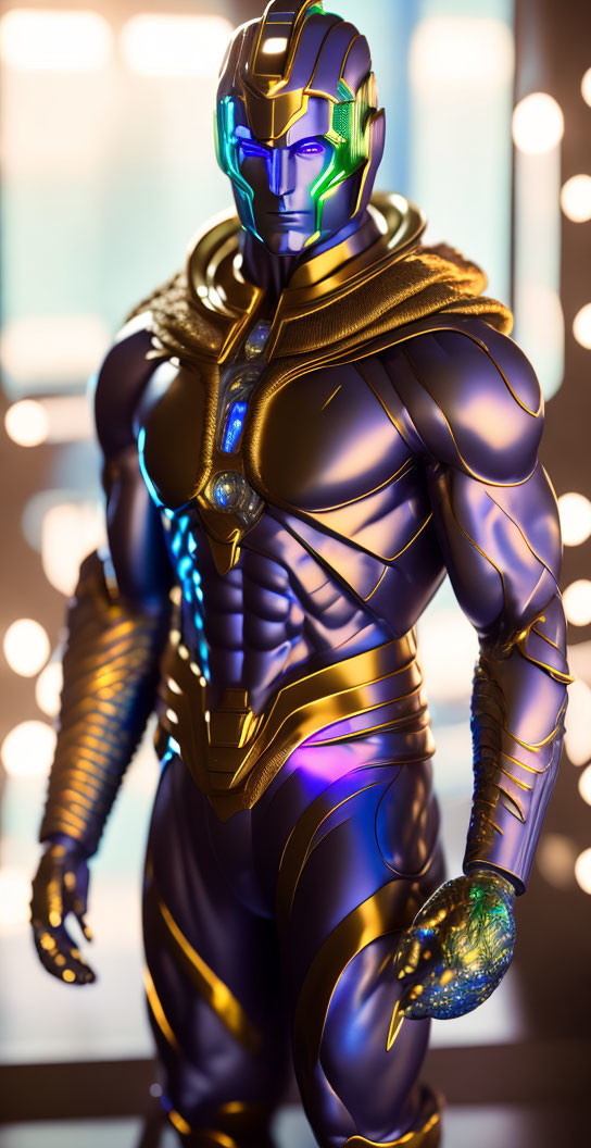 Futuristic armored figure in metallic suit with gold and purple accents
