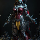 3D-rendered female figure in dark and gold armor with dragon-themed details