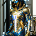 Futuristic golden armored character with blue glowing lines and patterns standing powerfully